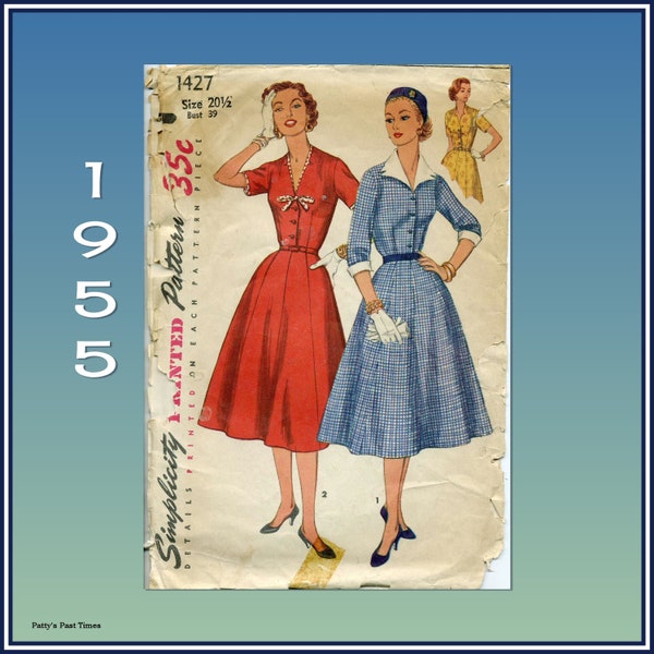 Simplicity 1427, Vintage, Classic 1950s style, Dress with Gored Skirt, V Neck, Detachable Notched Collar and Cuffs, Bust 39 Sewing Pattern