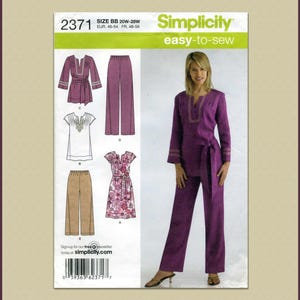 May include: Simplicity sewing pattern 2371, featuring a woman in a purple outfit. The pattern includes a tunic and pants set, a white top, and a floral print dress. The text "easy-to-sew" is visible.