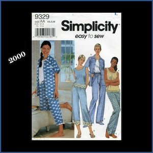 May include: Simplicity sewing pattern 9329 featuring pajama sets. The pattern includes various styles of sleepwear, with options for different tops and bottoms. The cover shows illustrations of the finished garments, with the text "easy to sew".
