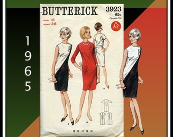 Butterick 3923, Shift Dress, Quick and Easy, 1960s Mod, Sewing Pattern, VINTAGE Women Size 16, Bust 36