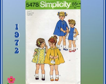 Simplicity 5478, Dress and Cape Sewing Pattern for Child, Vintage 1970s, Size 2 Toddler, Uncut Pattern