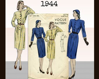 Vogue 5255 Vintage Sewing Pattern for 1940s, Shirt waist, day dress with long sleeves, Bust 32 inch