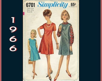 Simplicity 6701, Vintage 1960s, Sewing Pattern for Women's Dress or Jumper with Front Pleats, Size 24.5, Bust 45 pattern is Uncut