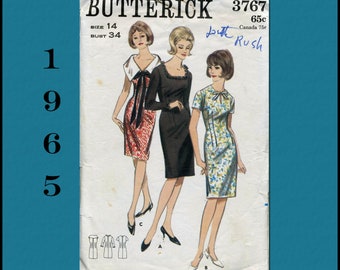 Butterick 3767 Sewing Pattern for a Sheath Wiggle Dress with Wide Collar, Square Neckline or Jewel Neckline, 1960s Vintage Size 14, Bust 34