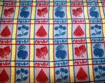 Vintage, Mid-century Tablecloth in Red, Blue and Yellow with Geometrical has Cherries, Strawberries, Watermelon and Apples Fruit Motif