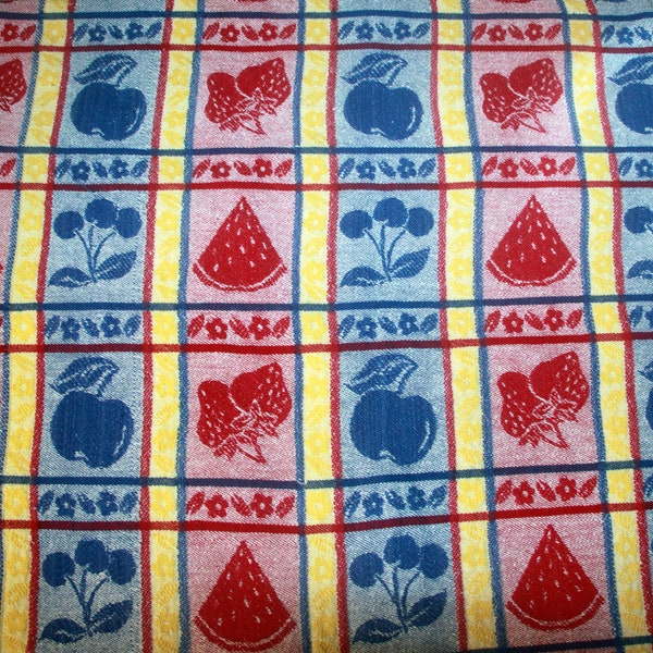 Vintage, Mid-century Tablecloth in Red, Blue and Yellow with Geometrical has Cherries, Strawberries, Watermelon and Apples Fruit Motif