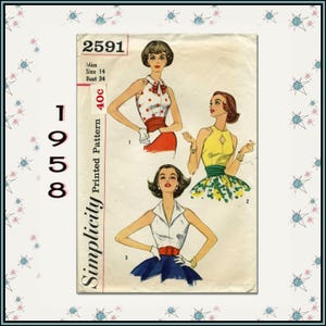 Simplicity 2591 Halter Top and Blouse Vintage 1950s Pin-Up Style Original Paper Sewing Pattern Bust 34