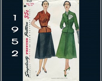 Simplicity 4121, Vintage 1950s, Two Piece Suit Dress with 4 Gored Skirt and Shawl Collar Sewing Pattern, Bust 33