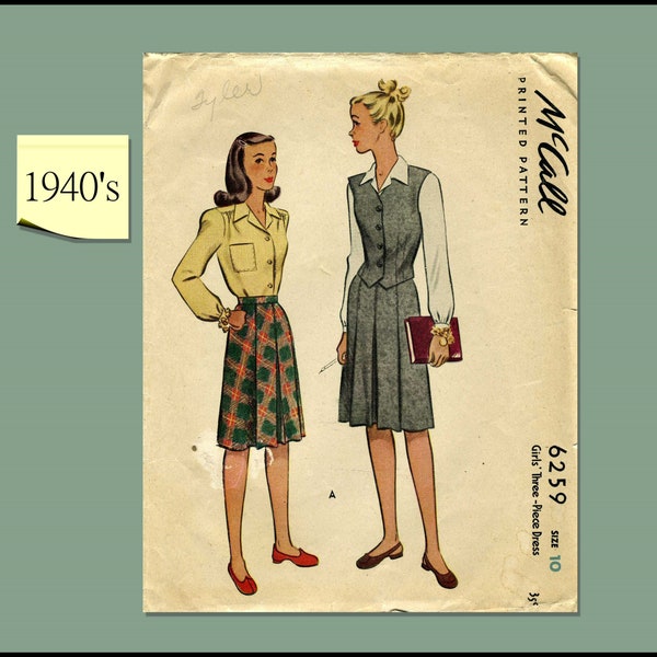 McCall 6259 Vintage Size 10 Three-Piece Dress, 1940's Skirt, Blouse and Vest Sewing Pattern