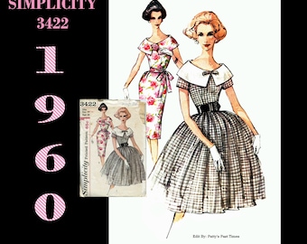 Vintage Dress Sewing Pattern Simplicity 3422 for Sleeveless or Short Sleeve Dress with Large Collar, Full Skirt or Slim Skirt, Bust 34