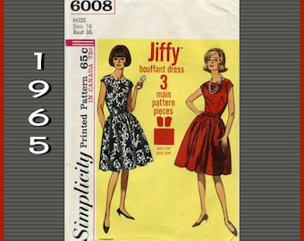 Simplicity 6008, Vintage 60s, Simple-to-Sew, Sewing Pattern, for Dress has Lower Round Neckline, Gathered Skirt, Extended Shoulder, Bust 36