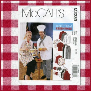 May include: McCall's M2233 sewing pattern for Uniform Essentials. The pattern includes options for chef coats, aprons, shirts, and pants. The size is Medium (38-40). The image shows a chef and a woman wearing the uniform.