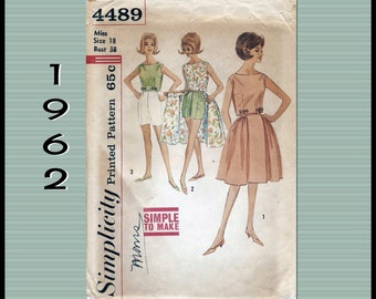 Simplicity 4489, 1960s, Sewing Pattern for Wrap-Around Skirt, Sleeveless Top, Shorts, Pants, MCM Summer Wardrobe, Vintage Size 18, Bust 38
