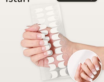Uñas postizas francesas clásicas de gel blanco, base rosa translúcida, uñas naturales, no requieren lámpara UV (22 tiras)
