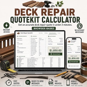 Könnte beinhalten: Ein digitaler Kalkulator für Terrassenreparaturangebote auf einem Laptop- und Smartphone-Bildschirm. Die Benutzeroberfläche zeigt Kundendaten, Auftragsdetails und eine Angebotszusammenfassung mit einem Zielpreis von 1.850,00 $. Text Deck Repair QuoteKit.
