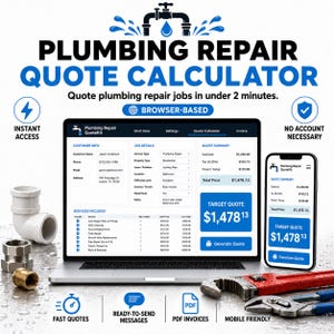 May include: A browser-based plumbing repair quote calculator displayed on a laptop and smartphone screen. The interface shows customer info, job details, and a quote summary with a total price of $1,478.13. Plumbing fittings and tools are visible.