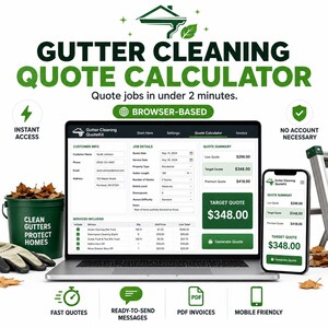 Puede incluir: Un calculador digital de presupuestos para limpieza de canalones mostrado en una laptop y un smartphone. La interfaz muestra información del cliente, detalles del trabajo y resúmenes de presupuestos con un total objetivo de $348.00.