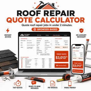 May include: A digital Roof Repair Quote Calculator displayed on a laptop and smartphone screen. The interface shows customer info, job details, and a total price of $3,013.71. Surrounding items include a hammer, utility knife, tape measure, and sealant.