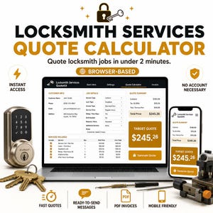May include: A digital locksmith services quote calculator displayed on a laptop and smartphone screen. The interface shows customer info, job details, and a quote summary. A Kwikset smart lock, keys, and a key cutting tool are visible nearby.