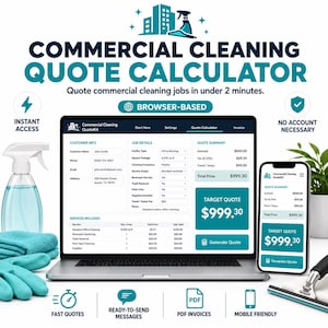 Op de afbeelding: Een digitale calculator voor commerciële schoonmaakoffertes weergegeven op een laptop- en smartphonescherm. De interface toont klantinformatie, opdrachtdetails en een samenvatting met een totaalprijs van $999,30.
