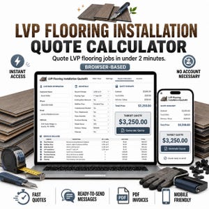 Peut inclure: Un calculateur de devis pour l'installation de revêtements de sol LVP affiché sur un ordinateur portable et un smartphone. L'interface présente les informations client, les détails du travail et un résumé avec un prix total de 3 250,00 $. Inclut des icônes pour des devis rapides, des factures PDF et un accès mobile.