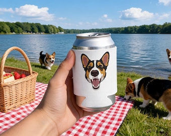 Enfriador de latas con cara de Corgi tricolor, accesorio para amantes de los perros.