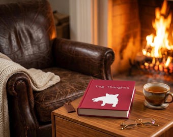 Cuaderno de tapa dura roja con páginas rayadas y diseño de silueta de perro.