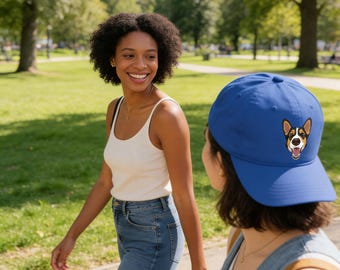 Gorro de perfil bajo con la cara de un Welsh Corgi de Cardigan / Retrato de perro bordado