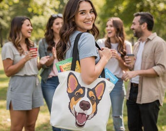 Bolso de mano con estampado de cabeza de Corgi feliz / Bolso de lona con estampado integral de cara de perro