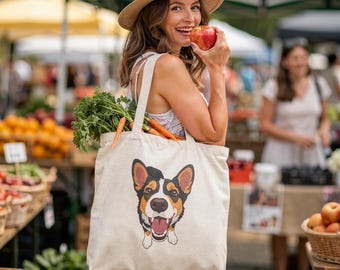 Bolso de mano con cara de Corgi feliz / Lienzo con retrato de perro, accesorio para amantes de las mascotas