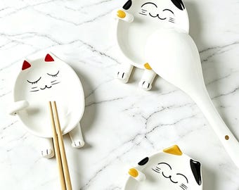 Reposacucharas de cerámica hecho a mano con forma de gato, soporte para palillos con forma de gatito kawaii, decoración de utensilios de cocina.