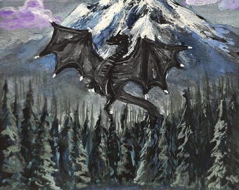 Original Black Dragon Fantasy Painting | Gouache Miniature Art | One of a Kind Dark Fantasy Decor