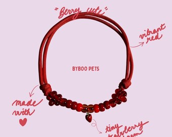 Handmade Red Paracord Pet Collar with Strawberry Charm – Adjustable Cat Dog Accessory