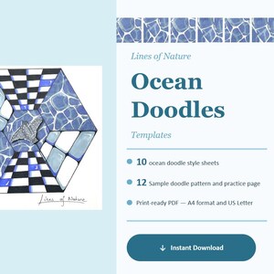 Op de afbeelding: Digitale download van "Ocean Doodles" sjablonen. De afbeelding toont een zeshoekig ontwerp met blauwe en witte aquareleffecten, een centrale grijze vorm en de tekst "Ocean Doodles". Bevat 10 ocean doodle-stijl vellen en 12 voorbeeldpatronen.