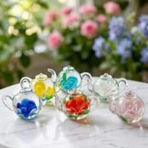 May include: A collection of six miniature glass teapots, each featuring a distinct colored flower encased within the clear glass body. The teapots display vibrant blue, yellow, turquoise, red, clear, and soft pink floral centers with handles.