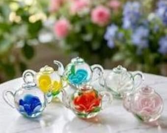 Vintage Glas Miniatur Teekanne Briefbeschwerer Set, geblasenes Glas kontrollierte Blase Blumenfiguren, Boxed Curio Schrank Sammlerstücke, 6er-Set