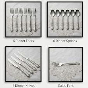 Puede incluir: Un juego de cubiertos que consta de 6 tenedores de mesa, 6 cucharas de mesa, 4 cuchillos de mesa y un tenedor de ensalada. Cada sección está etiquetada con texto que identifica el tipo de utensilio y la cantidad incluida en el conjunto.