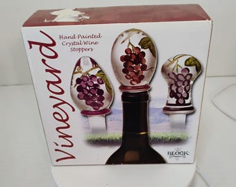 Vintage 2003 Block Basics Vineyard Crystal Wine Stoppers - Set of 3 Hand Painted Grape Clusters in Original Box, Wine Lover Gift