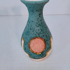 Vintage Kopa Greece Handcrafted Ceramic Bud Vase - 22K Gold Accents, Teal & Pink Geometric Studio Pottery, Signed Numbered 126, 1980s Boho D