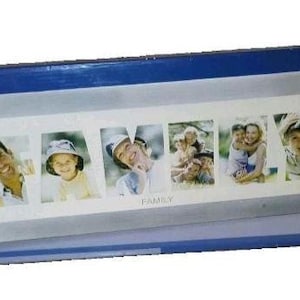 May include: A rectangular Davco brand photo frame in a blue cardboard box. The frame features six individual cutouts shaped like the letters in the word FAMILY, each displaying a different photograph of people, with the word FAMILY printed below.