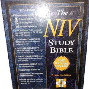 May include: The NIV Study Bible Personal Size Edition by Zondervan features a dark blue textured cover with gold lettering. The back cover lists special features including 50 character profile icons, 450 archaeology icons, and 2400 personal application icons.