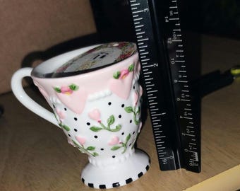 Vintage 2002 Mary Engelbreit Miniature Teacup Candle with Saucer, Michel & Co Ceramic Polka Dot and Heart Floral Mini Tea Cup Collectible