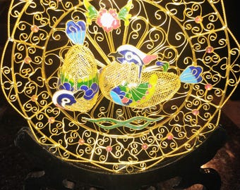 Vintage Chinese Filigree Enamel Plate - Mandarin Duck Symbol of Love - 8 Inch Gold Tone Decorative Display with Stand