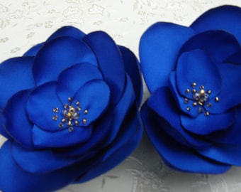 Blue Flower Clips Fascinator, Royal Blue Satin Fabric Flower Hair Clip, Hair Fascinator Royal Flowers
