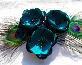 Peacock Feather Flower Fascinator, Teal Flower Brooch Hair Clip, Peacock Feather Hair Fascinator