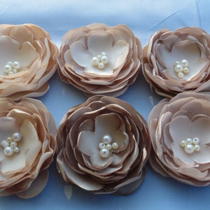 May include: Six beige fabric flowers with pearl embellishments. The flowers are arranged in two rows of three.