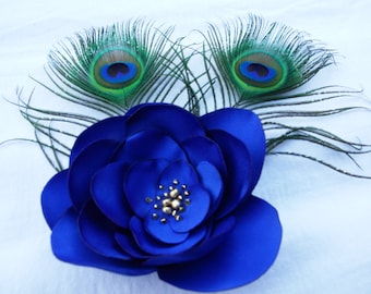 Peacock Feather Flower Fascinator- Royal Blue Satin Fabric Flower Hair Clip- Peacock Feather Hair Fascinator-Accessories