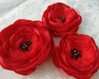 Poppy Flower Headpiece - Red Bridal Hair Clip Flower Brooch -Bridal Sash Bridal Accessories - Brooch 3 Piece Set - Red Poppy Blooms