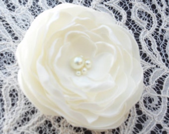 Ivory Satin Bridal Flower Brooch, Pearl Crystal Hair Clip