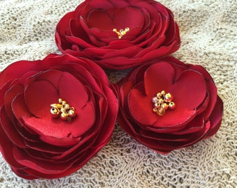 Red Flower Headpiece - Red Bridal Hair Clip Flower Brooch -Bridal Sash Bridal Accessories - Brooch 3 Piece Set - Red Poppy Blooms